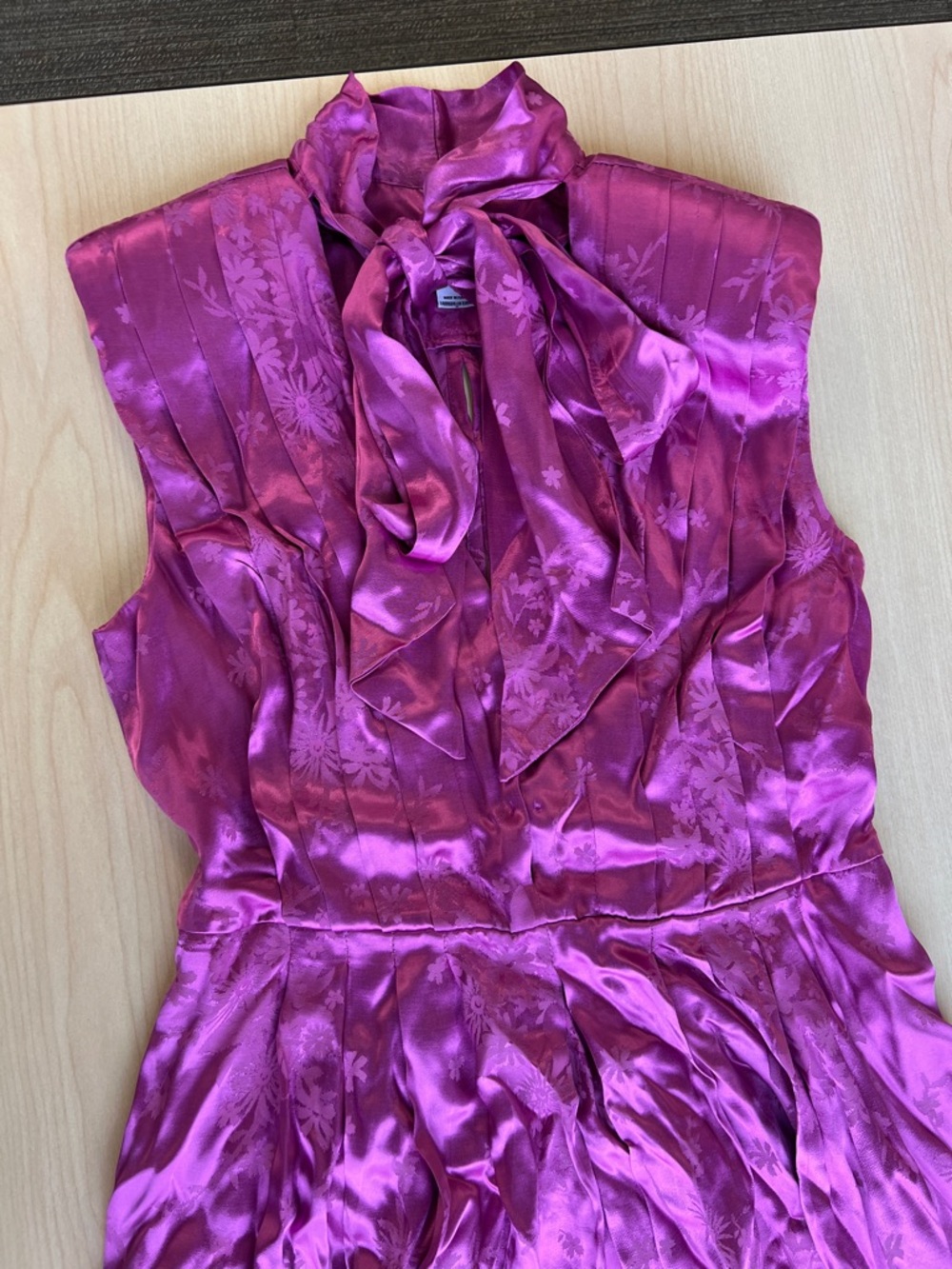 SABINA MUSAYEV fuchsia satin jacquard floral print neck bow sleeveless dress S - Picture 3 of 16